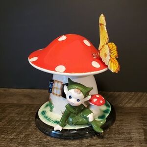 Vintage Lefton Mushroom Coin Bank Figurine with Elf Pixie and Butterfly